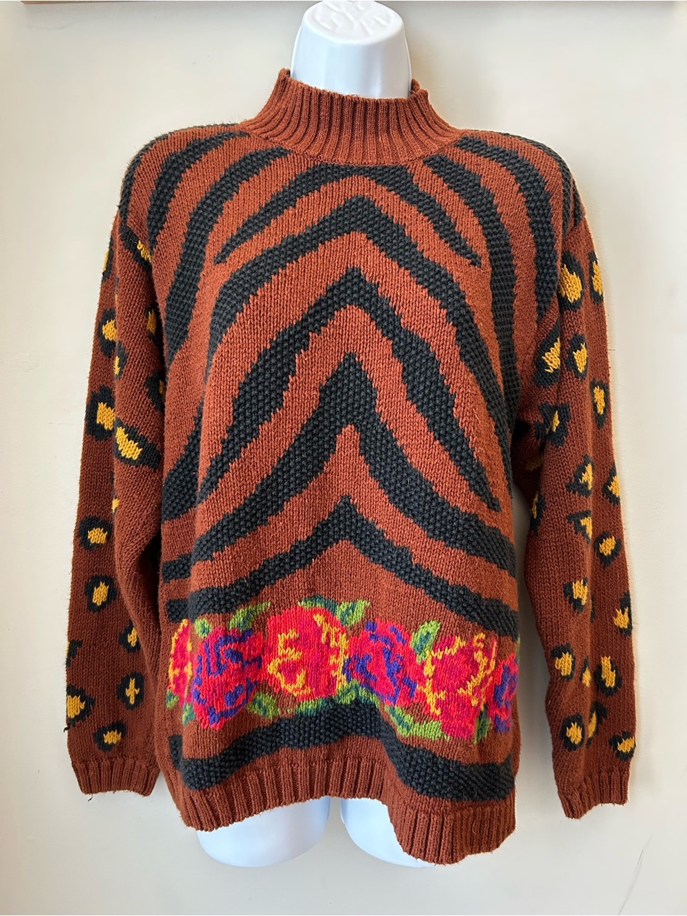 80s Vintage Eclectic Aunt Sweater Mixed Print Maximalism Size Medium - Picture 2 of 13
